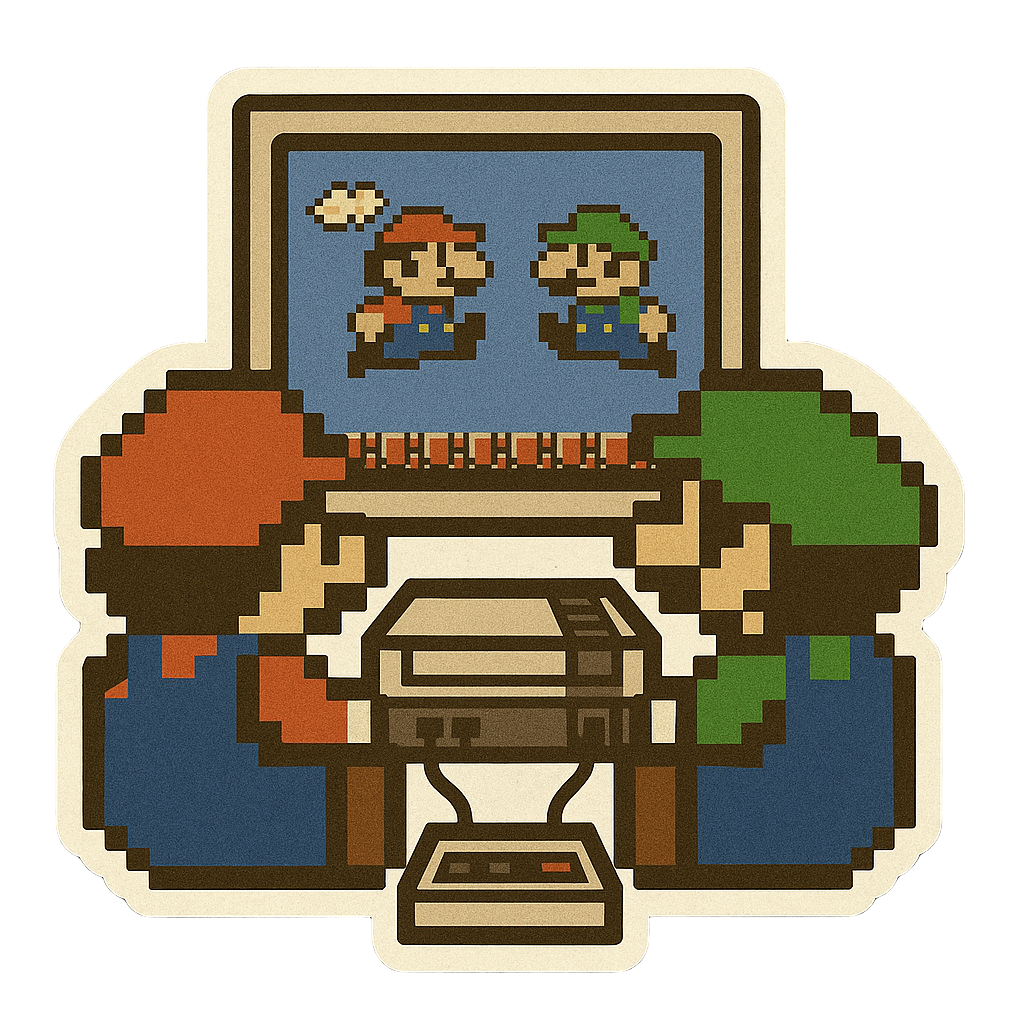 Pegatinas 8bits de personajes de videojuegos jugando a videojuegos