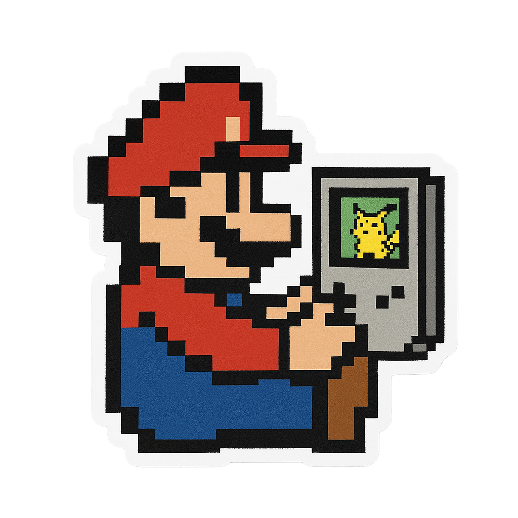 Pegatinas 8bits de personajes de videojuegos jugando a videojuegos